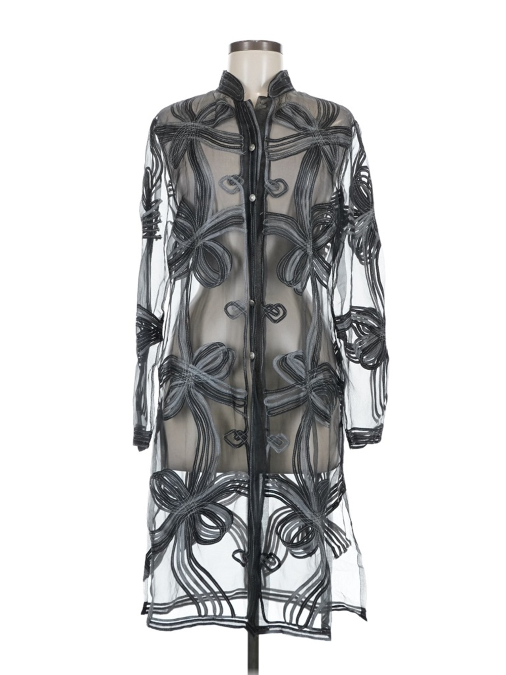 Sheer Embroidered Longline Button-Up Coat - Black